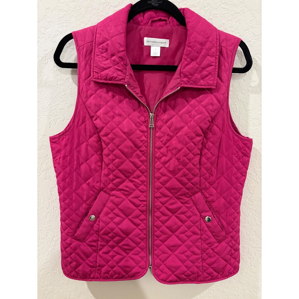Christopher & Banks Magenta Pink Quilted Zip Front Vest Womens Small Pockets